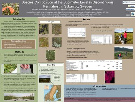 Species Composition at the Sub-meter Level in Discontinuous Permafrost in Subarctic, Sweden Authors: Samantha Anderson 1 Michael W Palace 1, Michael Layne.