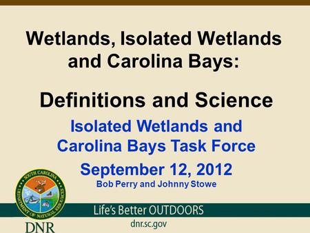 Wetlands, Isolated Wetlands and Carolina Bays: Definitions and Science Isolated Wetlands and Carolina Bays Task Force September 12, 2012 Bob Perry and.