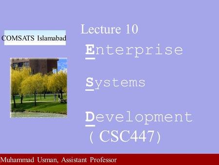 Lecture 10 Enterprise Systems Development ( CSC447 ) COMSATS Islamabad Muhammad Usman, Assistant Professor.