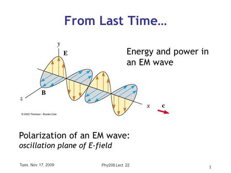Tues. Nov. 17, 2009Phy208 Lect. 22 1 From Last Time… Energy and power in an EM wave Polarization of an EM wave: oscillation plane of E-field.