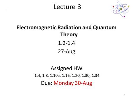 Electromagnetic Radiation and Quantum Theory 1.2-1.4 27-Aug Assigned HW 1.4, 1.8, 1.10a, 1.16, 1.20, 1.30, 1.34 Due: Monday 30-Aug Lecture 3 1.