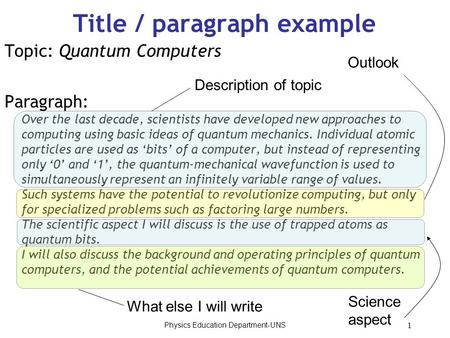 Physics Education Department-UNS 1 Title / paragraph example Topic: Quantum Computers Paragraph: Over the last decade, scientists have developed new approaches.