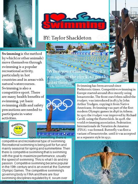 Swimming is the method by which(or other animals) move themselves through swimming is a popular recreational activity, particularly in hot countries and.