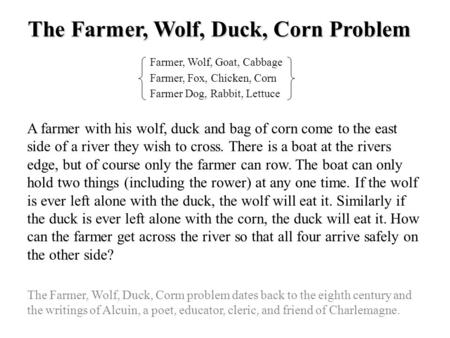 Farmer, Wolf, Goat, Cabbage Farmer, Fox, Chicken, Corn Farmer Dog, Rabbit, Lettuce The Farmer, Wolf, Duck, Corn Problem A farmer with his wolf, duck and.