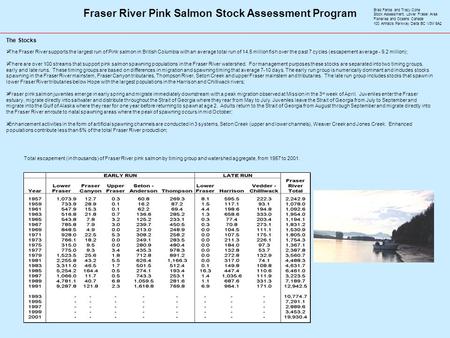 Fraser River Pink Salmon Stock Assessment Program  The Fraser River supports the largest run of Pink salmon in British Columbia with an average total.