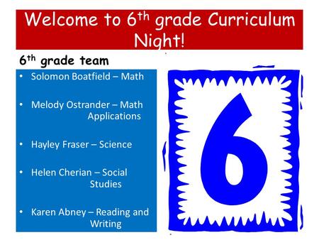 Welcome to 6 th grade Curriculum Night! 6 th grade team Solomon Boatfield – Math Melody Ostrander – Math Applications Hayley Fraser – Science Helen Cherian.