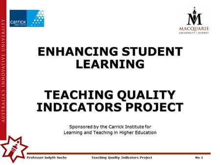 Professor Judyth SachsTeaching Quality Indicators ProjectNo 1 ENHANCING STUDENT LEARNING TEACHING QUALITY INDICATORS PROJECT Sponsored by the Carrick Institute.