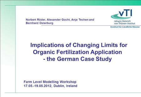 Institut für Ländliche Räume Farm Level Modelling Workshop 17.05.-19.05.2012, Dublin, Ireland Implications of Changing Limits for Organic Fertilization.