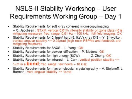 NSLS-II Stability Workshop – User Requirements Working Group – Day 1 Stability Requirements for soft x-ray coherent microscopy/imaging -- C. Jacobsen :