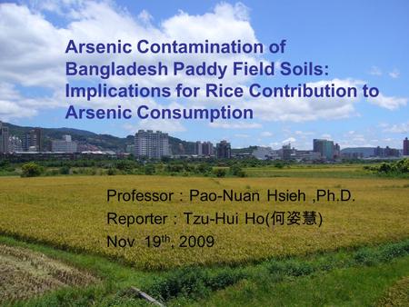 1 Arsenic Contamination of Bangladesh Paddy Field Soils: Implications for Rice Contribution to Arsenic Consumption Professor ： Pao-Nuan Hsieh,Ph.D. Reporter.