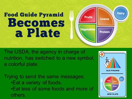 The USDA, the agency in charge of nutrition, has switched to a new symbol, a colorful plate. Trying to send the same messages: Eat a variety of foods.