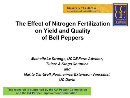 The Effect of Nitrogen Fertilization on Yield and Quality of Bell Peppers Michelle Le Strange, UCCE Farm Advisor, Tulare & Kings Counties and Marita Cantwell,