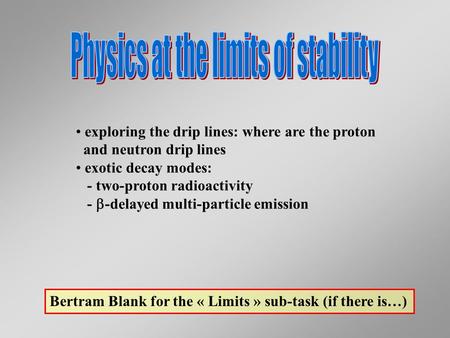 Exploring the drip lines: where are the proton and neutron drip lines exotic decay modes: - two-proton radioactivity -  -delayed multi-particle emission.