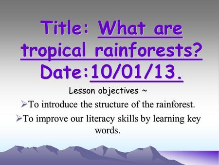 Title: What are tropical rainforests? Date:10/01/13. Lesson objectives ~  To introduce the structure of the rainforest.  To improve our literacy skills.