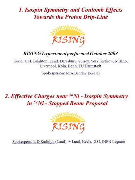 1. Isospin Symmetry and Coulomb Effects Towards the Proton Drip-Line RISING Experiment performed October 2003 Keele, GSI, Brighton, Lund, Daresbury, Surrey,