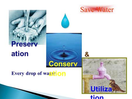 Every drop of water Save Water Preserv ation Conserv ation Utiliza tion &
