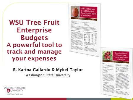 WSU Tree Fruit Enterprise Budgets A powerful tool to track and manage your expenses R. Karina Gallardo & Mykel Taylor Washington State University.