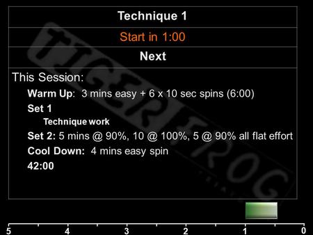 5 42 1 0 3 Technique 1 Start in 1:00 Next This Session: Warm Up: 3 mins easy + 6 x 10 sec spins (6:00) Set 1 Technique work Set 2: 5 90%,