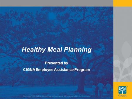 1 Healthy Meal Planning Presented by CIGNA Employee Assistance Program Copyright 2008 CIGNA HealthCare – Confidential & Privileged – Not for Distribution.