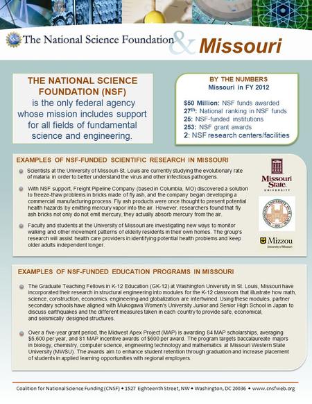 Ff BY THE NUMBERS Missouri in FY 2012 $50 Million: NSF funds awarded 27 th : National ranking in NSF funds 25: NSF-funded institutions 253: NSF grant awards.