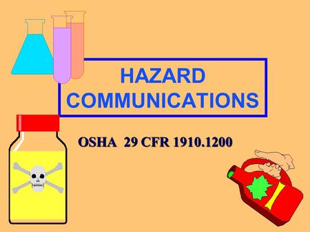 HAZARD COMMUNICATIONS OSHA 29 CFR 1910.1200 Requirements of the Standard MSDSLabeling WrittenProgram InventoryTraining.