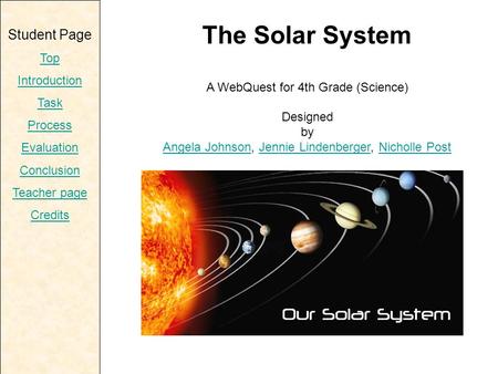 Student Page Top Introduction Task Process Evaluation Conclusion Teacher page Credits The Solar System A WebQuest for 4th Grade (Science) Designed by Angela.