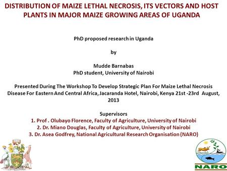 DISTRIBUTION OF MAIZE LETHAL NECROSIS, ITS VECTORS AND HOST PLANTS IN MAJOR MAIZE GROWING AREAS OF UGANDA PhD proposed research in Uganda by Mudde Barnabas.