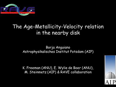 The Age-Metallicity-Velocity relation in the nearby disk Borja Anguiano Astrophysikalisches Institut Potsdam (AIP) K. Freeman (ANU), E. Wylie de Boer (ANU),