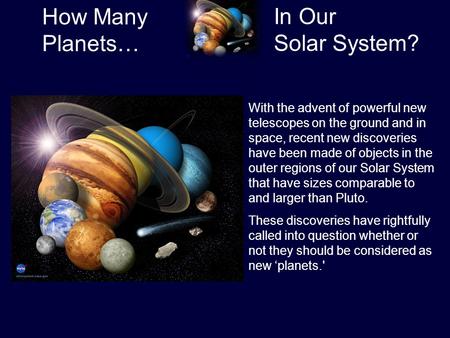 How Many Planets… In Our Solar System? With the advent of powerful new telescopes on the ground and in space, recent new discoveries have been made of.