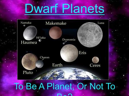 Dwarf Planets To Be A Planet, Or Not To Be?. Physical Characteristics 5 - Recognized Dwarf Planets –Ceres, Pluto, Haumea, Makemake, Eris Classification.