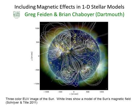 Including Magnetic Effects in 1-D Stellar Models Greg Feiden & Brian Chaboyer (Dartmouth) Three color EUV image of the Sun. White lines show a model of.