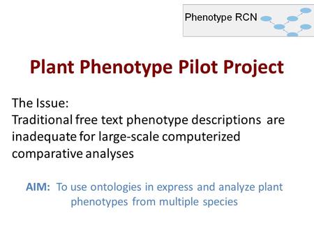 Plant Phenotype Pilot Project AIM: To use ontologies in express and analyze plant phenotypes from multiple species The Issue: Traditional free text phenotype.