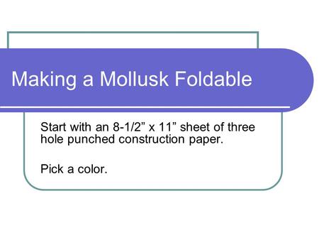Making a Mollusk Foldable Start with an 8-1/2” x 11” sheet of three hole punched construction paper. Pick a color.