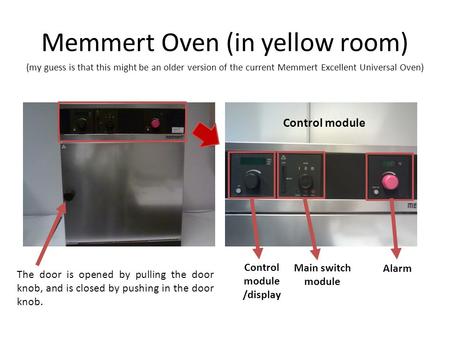 Memmert Oven (in yellow room) The door is opened by pulling the door knob, and is closed by pushing in the door knob. Control module /display Control module.