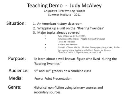 Teaching Demo - Judy McAlvey Chippewa River Writing Project Summer Institute - 2011 Situation: 1. An American history classroom 2. Wrapping up a unit on.