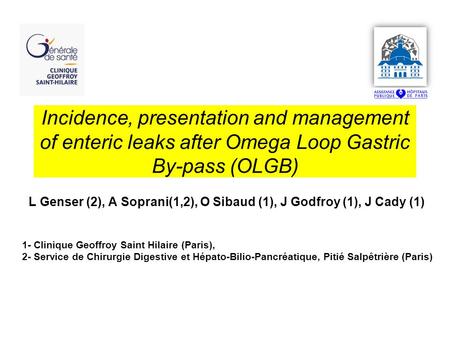 Incidence, presentation and management of enteric leaks after Omega Loop Gastric By-pass (OLGB) L Genser (2), A Soprani(1,2), O Sibaud (1), J Godfroy (1),