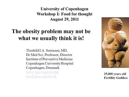 The obesity problem may not be what we usually think it is! University of Copenhagen Workshop I: Food for thought August 29, 2011 Thorkild I.A. Sørensen,