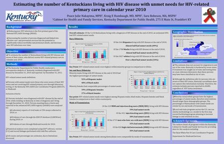 Estimating the number of Kentuckians living with HIV disease with unmet needs for HIV-related primary care in calendar year 2010  Reducing new HIV infections.