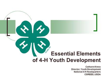 Essential Elements of 4-H Youth Development Cathann Kress Director, Youth Development National 4-H Headquarters CSREES, USDA.