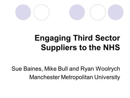 Engaging Third Sector Suppliers to the NHS Sue Baines, Mike Bull and Ryan Woolrych Manchester Metropolitan University.