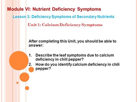 Module VI: Nutrient Deficiency Symptoms Lesson 3: Deficiency Symptoms of Secondary Nutrients Unit 1: Calcium Deficiency Symptoms After completing this.
