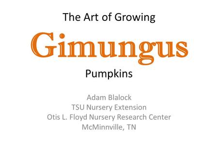 The Art of Growing Gimungus Pumpkins Adam Blalock TSU Nursery Extension Otis L. Floyd Nursery Research Center McMinnville, TN.