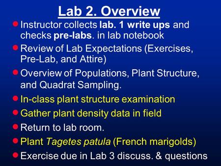Lab 2. Overview  Instructor collects lab. 1 write ups and checks pre-labs. in lab notebook  Review of Lab Expectations (Exercises, Pre-Lab, and Attire)