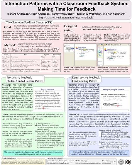 Interaction Patterns with a Classroom Feedback System: Making Time for Feedback Richard Anderson٭, Ruth Anderson ‡, Tammy VanDeGrift٭, Steven A. Wolfman٭,