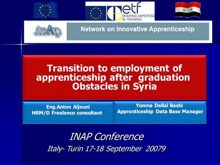 INAP Conference Italy- Turin 17-18 September 20079 Transition to employment of apprenticeship after graduation Obstacles in Syria Transition to employment.