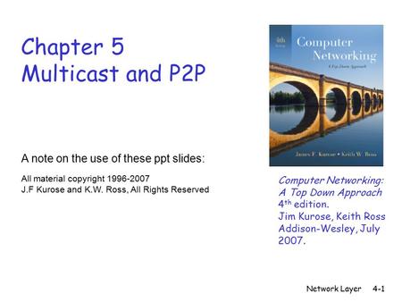 Network Layer4-1 Chapter 5 Multicast and P2P A note on the use of these ppt slides: All material copyright 1996-2007 J.F Kurose and K.W. Ross, All Rights.