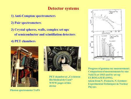 Detector systems 1) Anti-Compton spectrometers 2) Pair spectrometers 3) Crystal spheres, walls, complex set-ups of semiconductor and scintillation detectors.