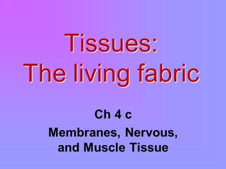 Tissues: The living fabric Ch 4 c Membranes, Nervous, and Muscle Tissue.