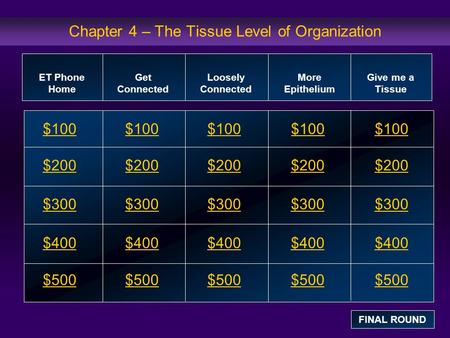 Chapter 4 – The Tissue Level of Organization $100 $200 $300 $400 $500 $100$100$100 $200 $300 $400 $500 ET Phone Home Get Connected Loosely Connected More.