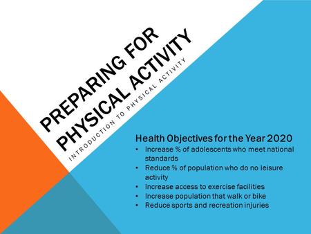 PREPARING FOR PHYSICAL ACTIVITY INTRODUCTION TO PHYSICAL ACTIVITY Health Objectives for the Year 2020 Increase % of adolescents who meet national standards.